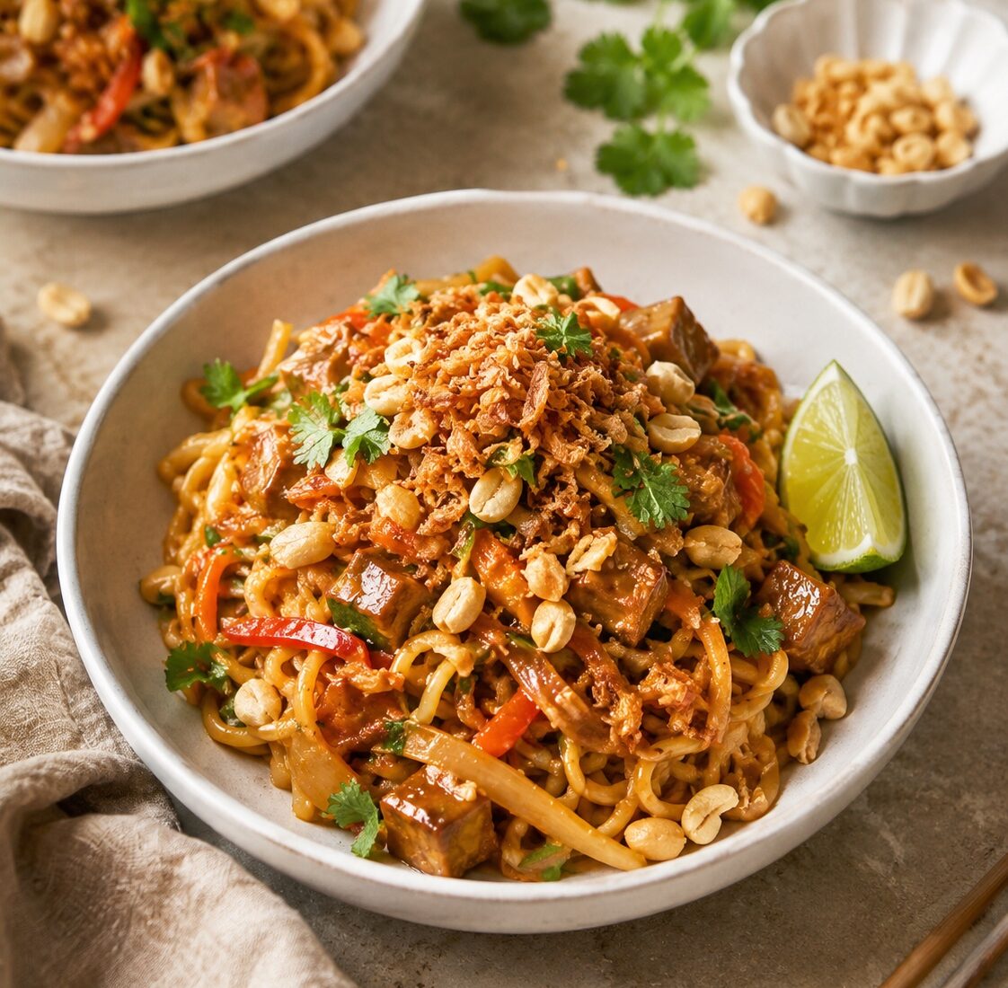 Bowl of creamy satay noodles with crispy tofu, vegetables, peanuts and fresh herbs.