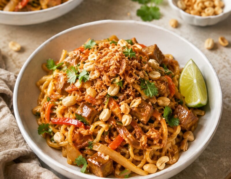 Bowl of creamy satay noodles with crispy tofu, vegetables, peanuts and fresh herbs.