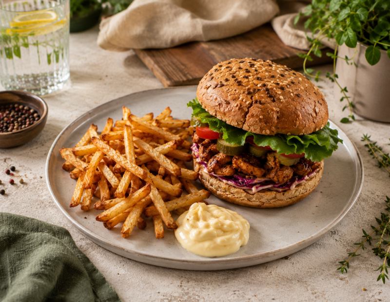 Smoky barbecue soy-curl burger with cabbage slaw, tomato, pickles and lettuce, served with fries.