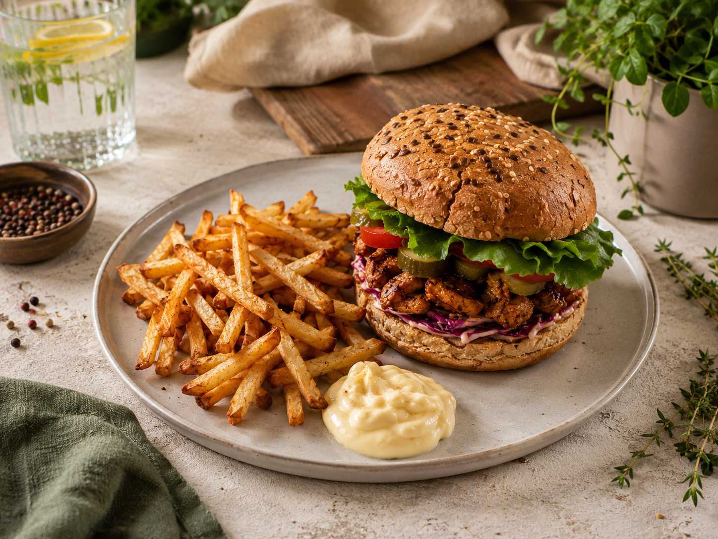 Smoky barbecue soy-curl burger with cabbage slaw, tomato, pickles and lettuce, served with fries.
